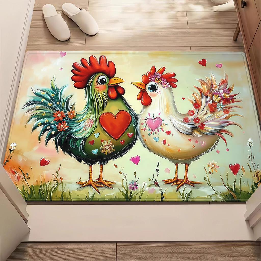 Love Couple Chickens Floral Crystal Velvet Rug Romantic Farmhouse Decor Living Room Floor Mat Cute Animal Print Home Accent