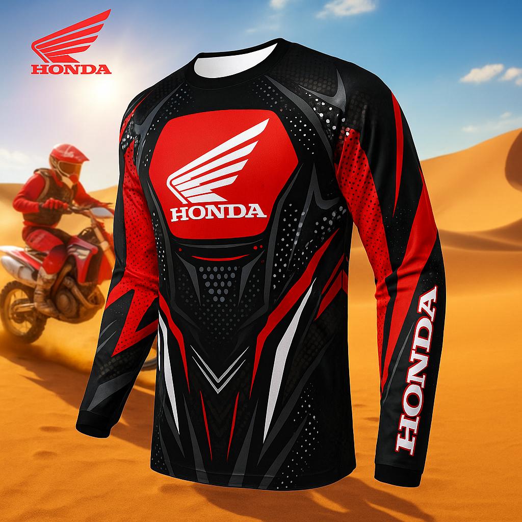 JBH4 Honda Printed Pattern Off-road Motorcycle Jersey Mountain Bike Racing Sport Long Sleeve T-Shirt Breathable Quick Drying Top
