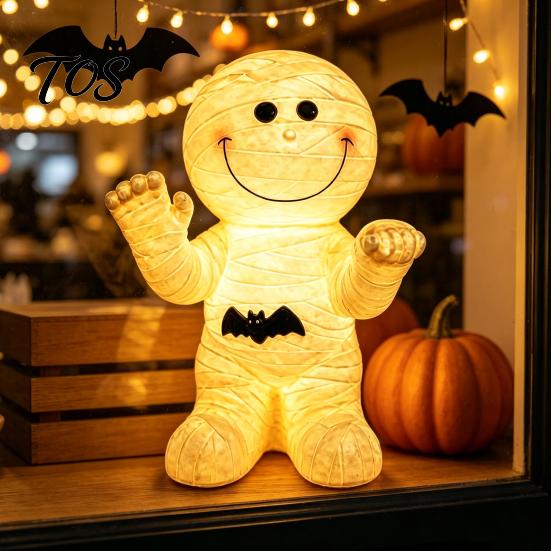 Mummy With Bat Details Resin Atmosphere Light, Halloween Smiling Statue with Spooky But Cute Decor Decor, Cartoon Figurine Light for Desktop Ornament