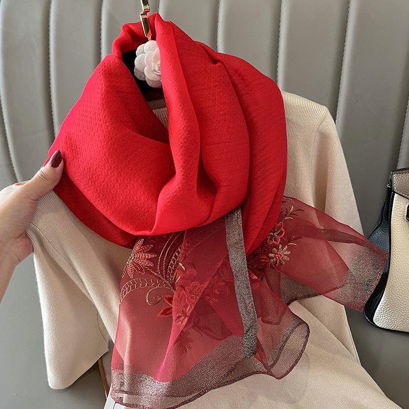 Роскошный бренд шелк шерсть женский шарф вышивка шаль и накидки фуляр женский хиджаб бандана шарфы для леди цветы пляжные палантины