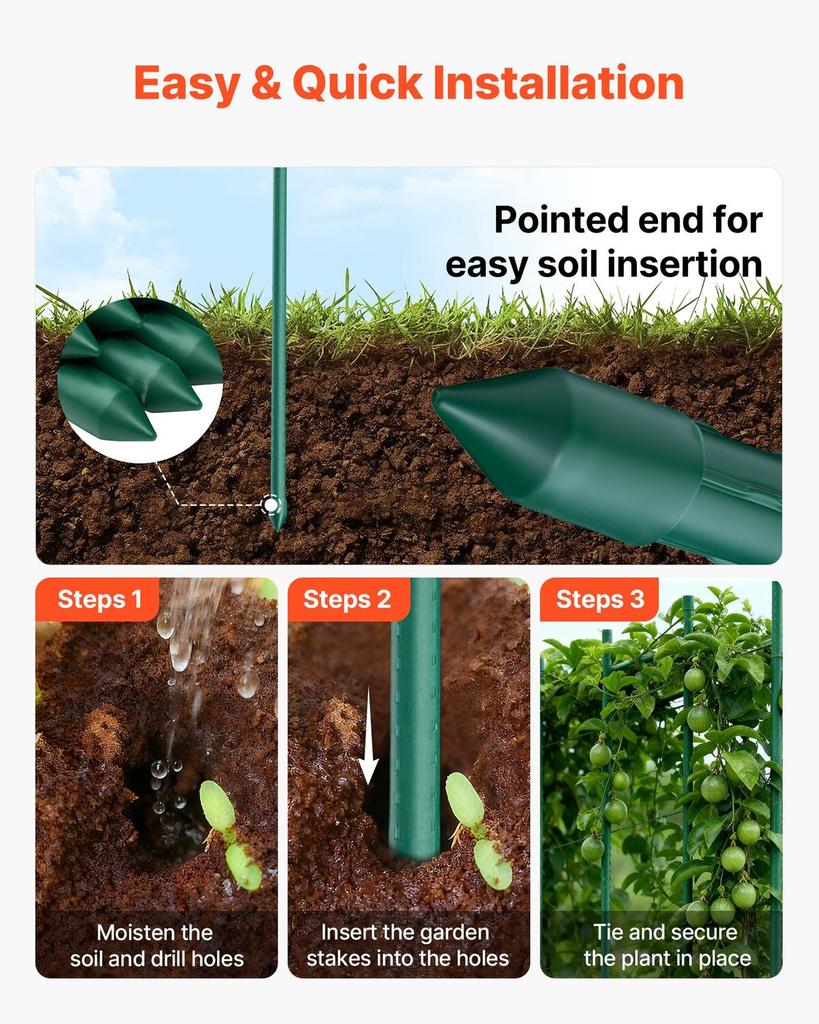 Garden Stakes, 25 Pack, 2100 mm, Plastic Coated Metal Tomato Stakes, Garden Sticks for Plants Support, with Pointed End and Non-Slip Bumps for Growing