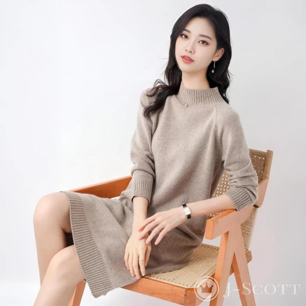 J-Scott Women's Knit Dress, Knee-Length, Long Sleeves, Solid Color, Mock Neck, Ribbed I-Line, Simple, Soft, Beige, JS22-BG-S