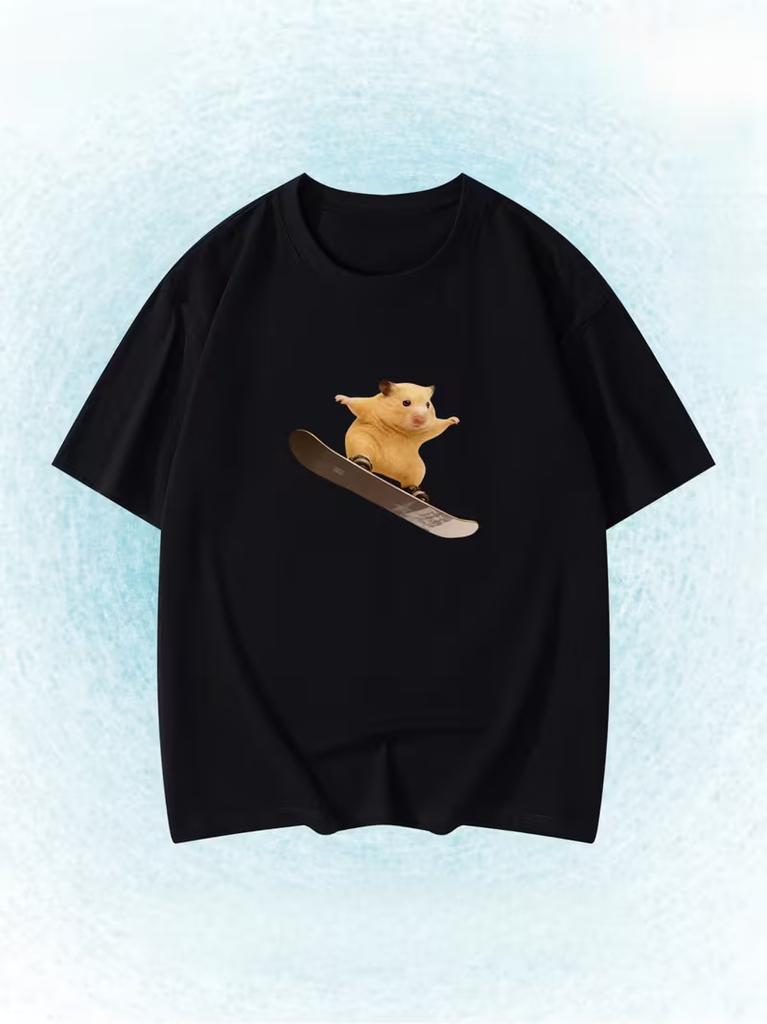 Funny Snowboarding Hamster Animal Print TShirt Cute Meme Loose Short Sleeve Unisex Casual Summer Top for Unisex Unisex Daily