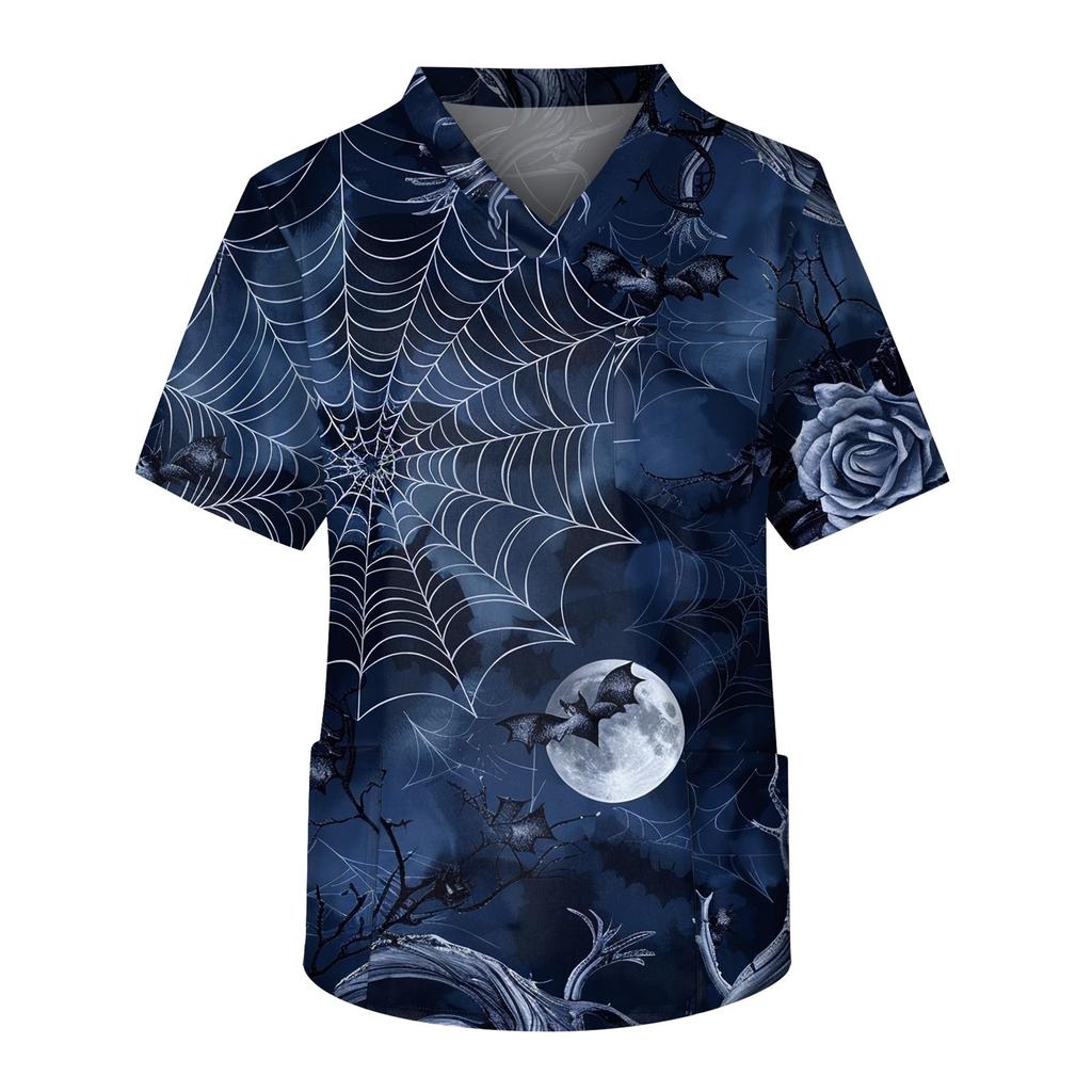 Мужской топ с короткими рукавами и v-образным вырезом на Хэллоуин с принтом на груди и карманом для ухода за кожей