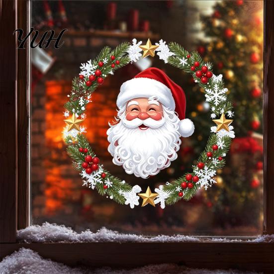 Holiday Glass Decals Christmas Window Clings, Cute Santa Claus Wreath Sticker, Cartoon Clings Static Decal for Office Shop Winter Party Decoration