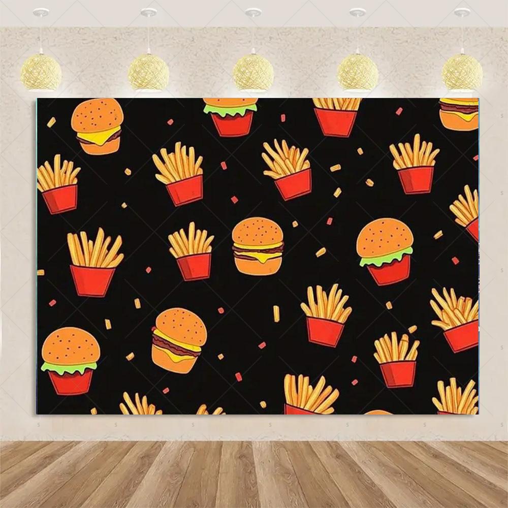 Pizza Hamburger Backdrop Supplies Quick Food Kid Birthday Party Decoration Cola French Fries Background Banner Photography Prop