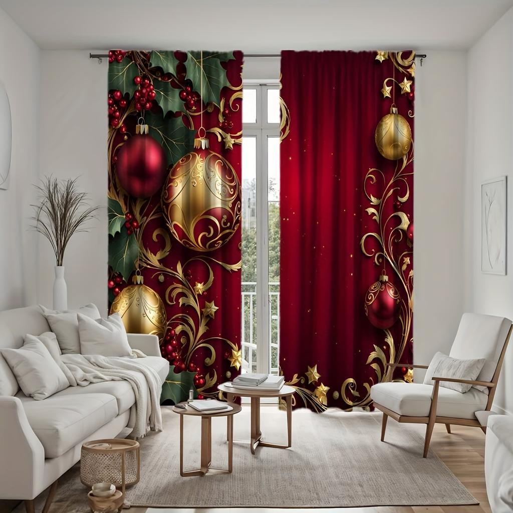 2pcs Set of Festive Christmas Curtains with Red Green Ornaments Digital Printed, Rod Pocket Design for Living Room Bedroom Decor