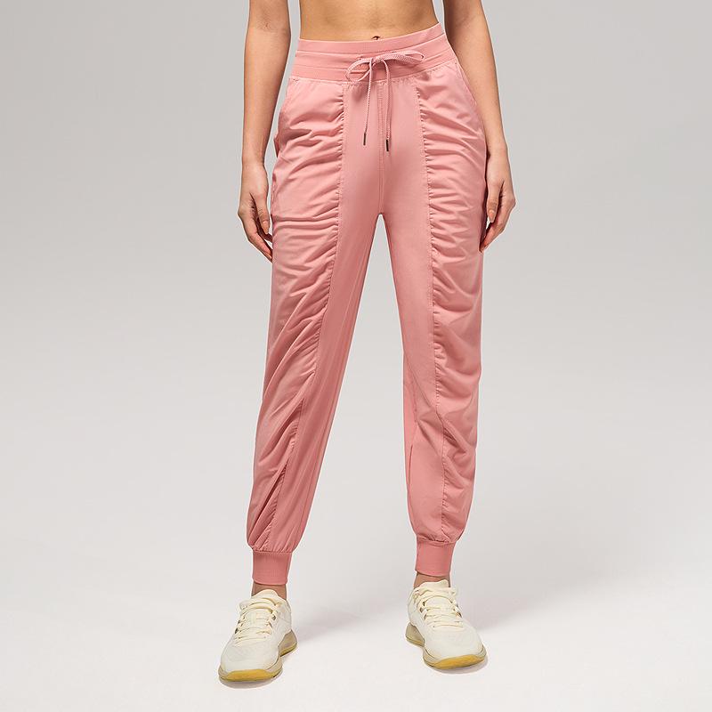 Women's Quick-Dry Pleated Sports Pants - Summer Running, Fitness, Casual Straight-Leg Design with Drawstring.