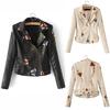 Womens Casual Long Sleeve Embroidered Studded Zipper Slim Leather Jacket