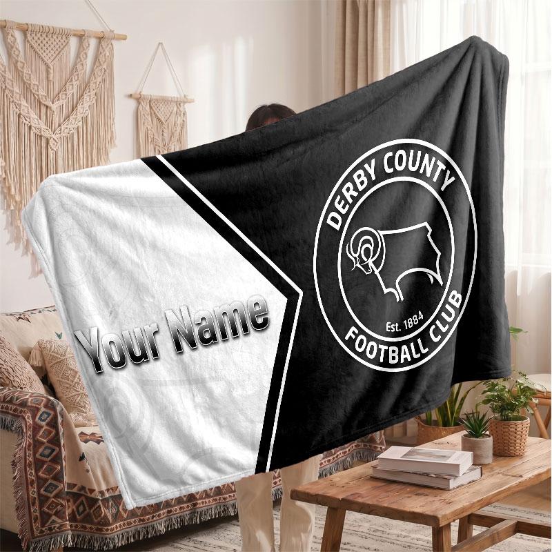Derby County Personalized Fleece Blanket With Football Logo, Custom Name Text Soft Warm Home Throw Blanket