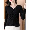 Autumn Solid Color V-neck Long-sleeved T-shirt Women's Foreign Style Waist Temperament Thin Small Top Women's T-shirt