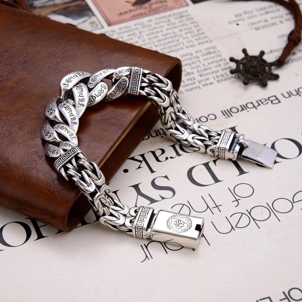 S925 тайский серебряный оригинальный сертифицированный шестизначный тканый мужской браслет с мантрой в стиле ретро, индивидуальная властная мужская цепочка
