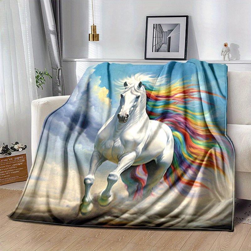 1pc White Horse Printing Lightweight Flannel Blanket, Comfortable and Warm Blanket, for Camping Sofa Bed and Couch Office, Gift