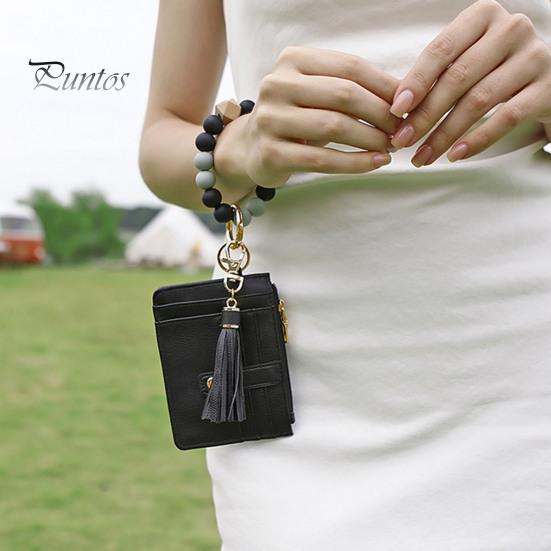 Брелок на запястье с блокировкой RFID и 6 отделениями для карт, браслет с кисточками и бусинами, брелок из искусственной кожи