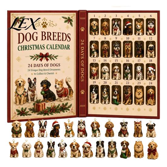 Acrylic Collectible Toys 2026 Dog Christmas Advent Calendar, 24-Day Ornament Set with Mini Puppy Holiday Party Favors Figures, 2D Flat Tree