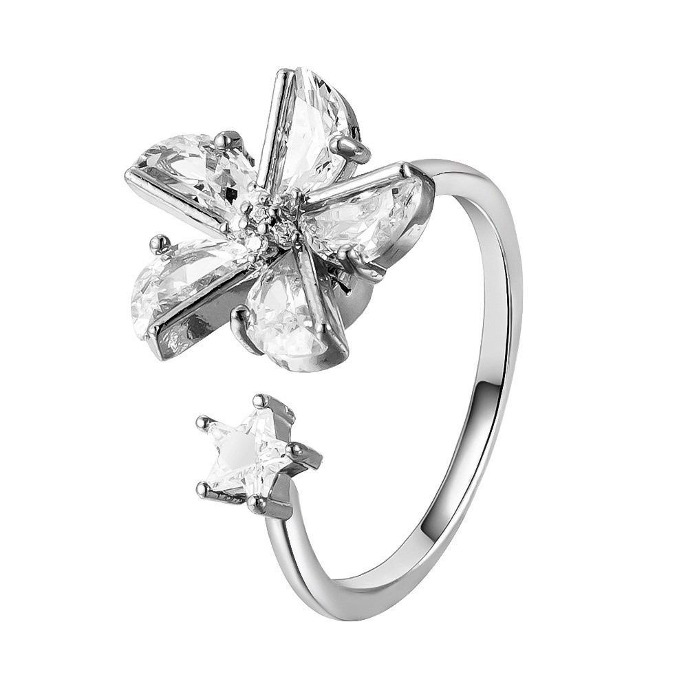 Star Rhinestone Flower Opening Ring Zircon Crystal Flower Ring Elegant Rotatable Ring For Women