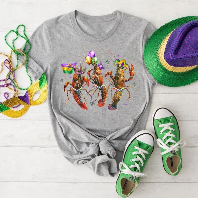 Mardi Gras Crawfish TShirt Dancing Louisiana Lobsters Graphic T Shirts Women Clothing Vintage Clothes Y2k High Quality Cotton