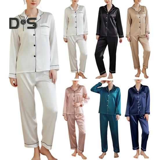 2 шт./комплект пижамный костюм атласный однобортный кардиган рубашка V-образный вырез воротник однотонная рубашка широкие свободные брюки ночная рубашка одежда для сна