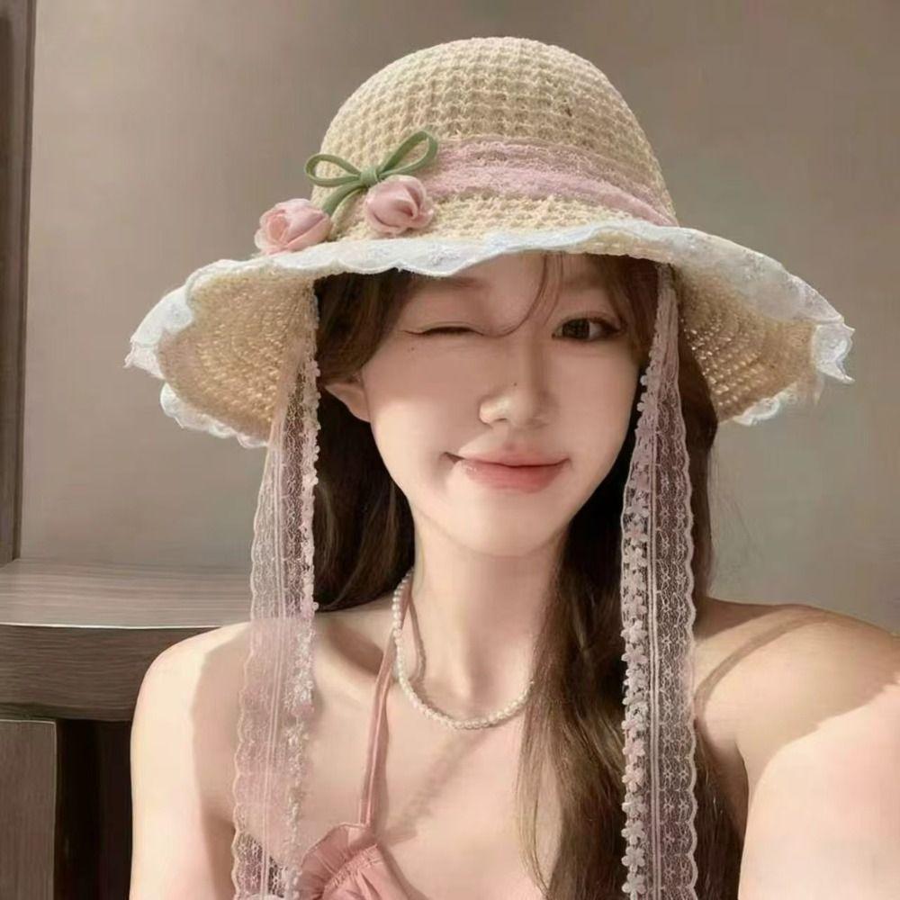 Lace Straw Hat Wide Brim Sunshade Hat Fashion Sunscreen Hat Summer