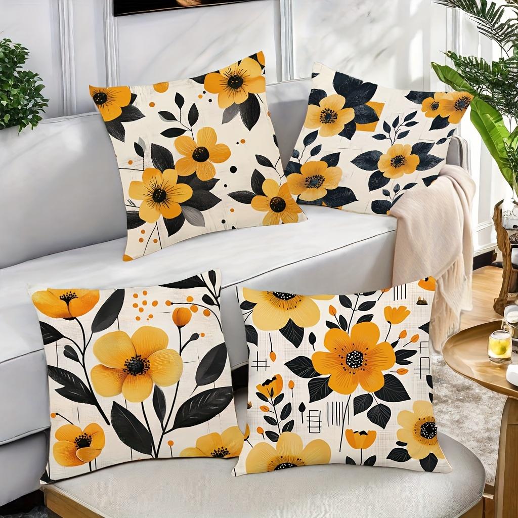 Modern Yellow Black Floral Pillow Covers, Minimalist Flower Art Throw Pillow Cases, Contemporary Home Decor Cushion Covers