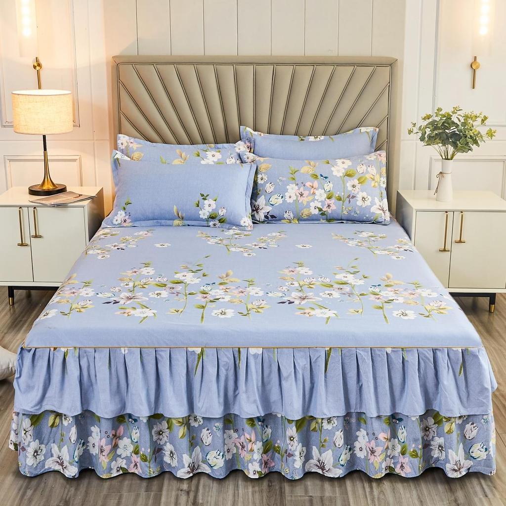 Printed Floral Bed Skirt Skin-Friendly Fabric Bed Cover Bedroom Pillow Case Bedding Protector Decor Multiple Colors Availabl