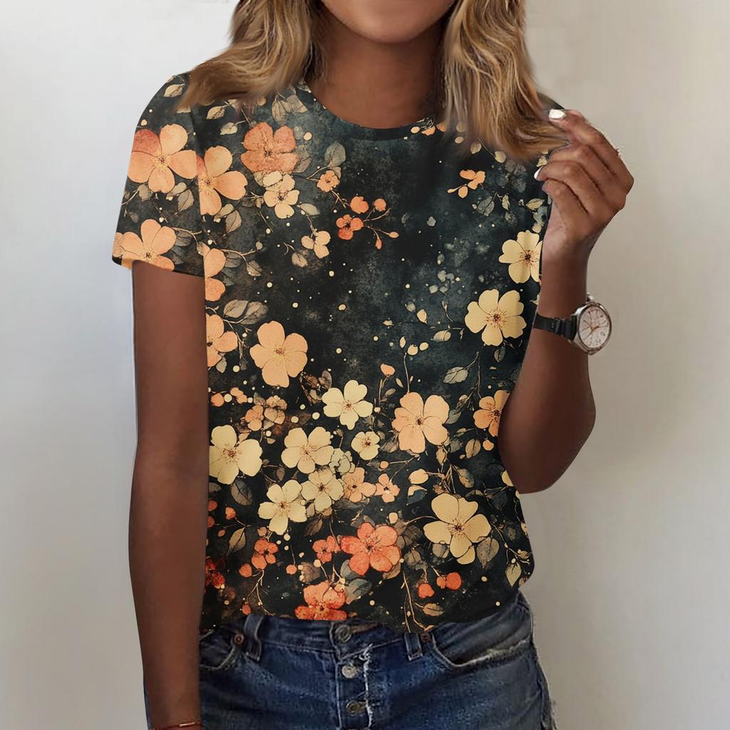 Women's Fashion Casual Printed Round Neck Short Sleeved T-Shirt Top T-Shirt Top Top