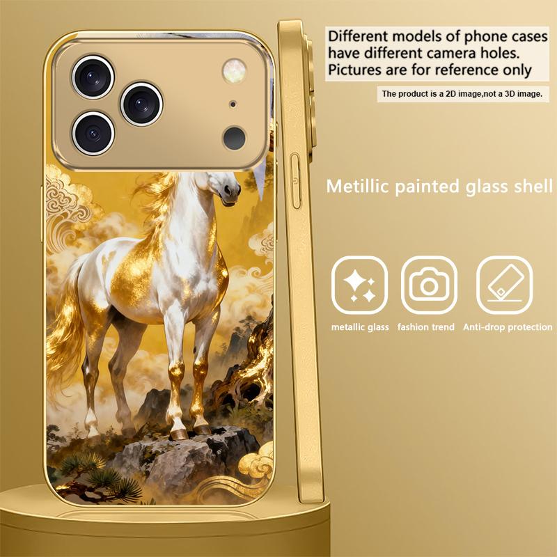 Высокая и крепкая лошадь Для IPhone 17Pro Max 16 17 Pro 15 Pro 14 13 Plus 12 Mini 11Pro Max XR 16E 17 Air Золотой стеклянный чехол для телефона