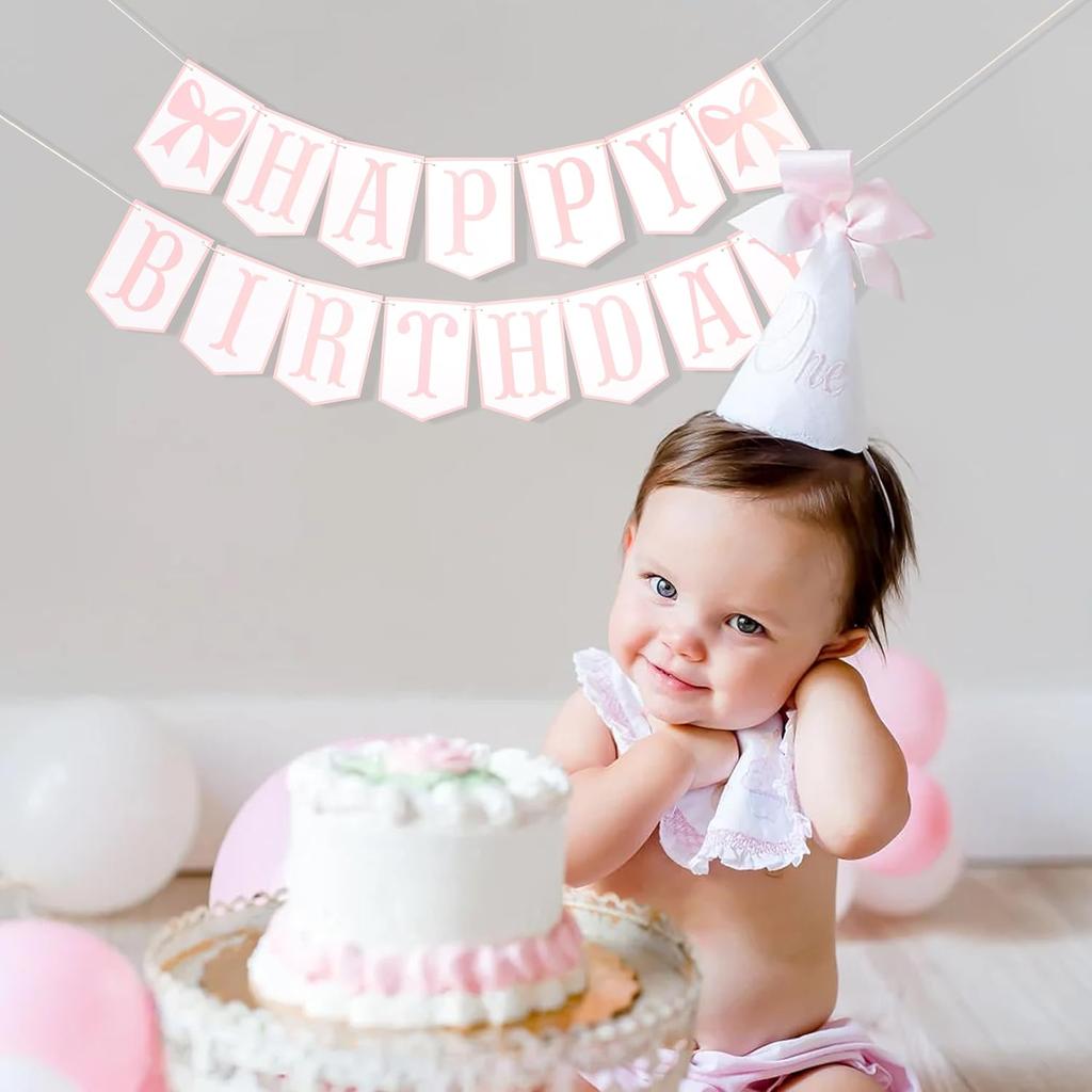 Happy Birthday Bow Girl Banner - Bow 1st Birthday Decoration,Pink First Bow Happy Birthday Banner,Girl First birthday Party Decor