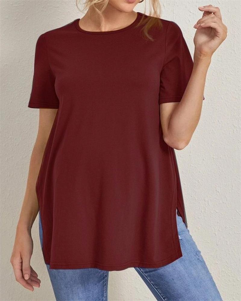 Новые повседневные однотонные топы для беременных, одежда для беременных с разрезом и сотней топов с круглым вырезом, топы с короткими рукавами