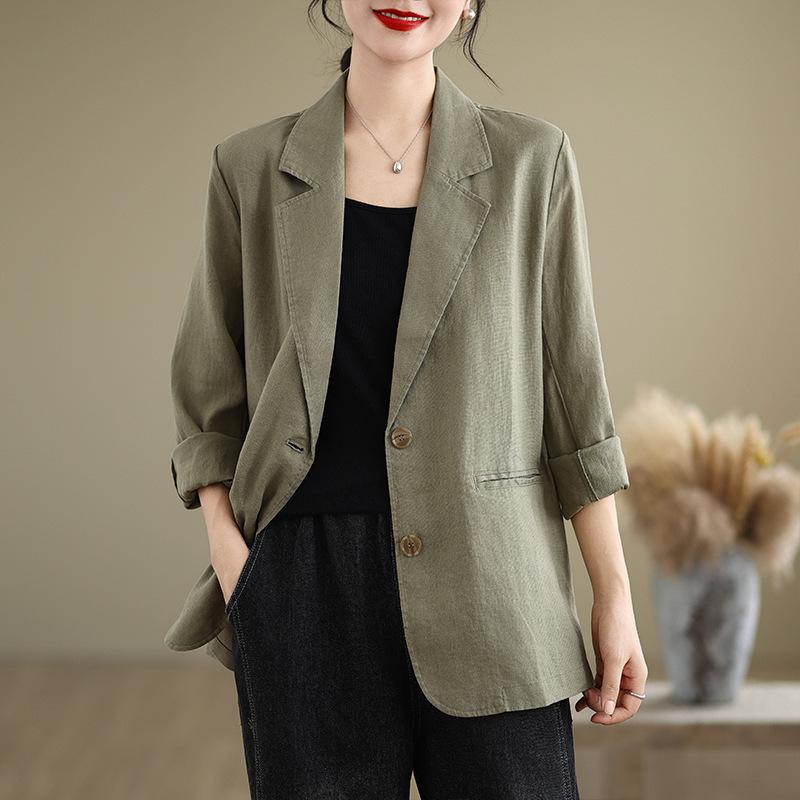 Spring Autumn Literary Vintage Cotton Linen Casual Suit Women Long Sleeve Solid Blazer Female Cardigan Coat Top