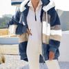 Women's Fashionable Plush Patchwork Zipper Pocket Hooded Long Sleeved Loose Warm Jacket