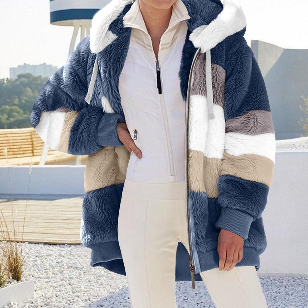 Women's Fashionable Plush Patchwork Zipper Pocket Hooded Long Sleeved Loose Warm Jacket