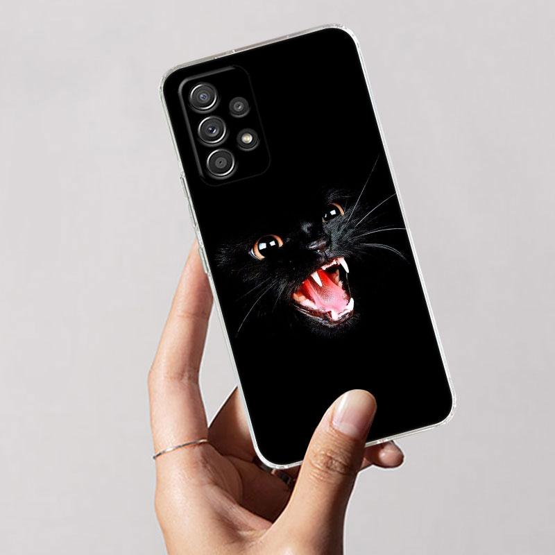 Черные Кошки Милый кот Для Samsung Galaxy A55 Чехол A54 A52 A53 5G A15 A14 A13 A21S A23 A51 A34 A35 A33 A32 A72 A71 Чехол для телефона Прозрачный