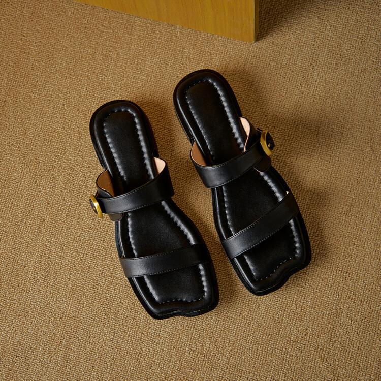 Retro One-word Slippers Women's Outer Wear Square Head Low Heel Open-toed Cool Slippers Large Size