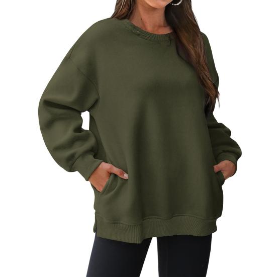 Осенне-зимняя женская толстовка из утолщенного плюша с круглым вырезом, однотонная, свободная, с разрезами по низу, с карманами, пуловер средней длины, теплая спортивная повседневная одежда, топ