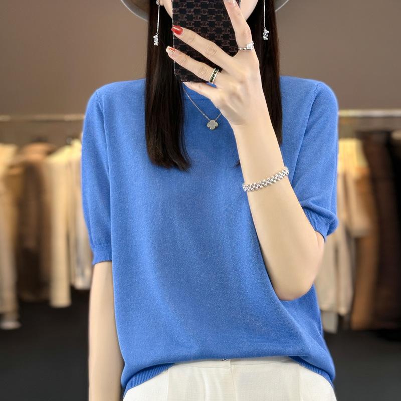 INDFS Women's Fashion Casual Summer Spring Solid Color Print Short Sleeve O-Neck Blouses & Shirts