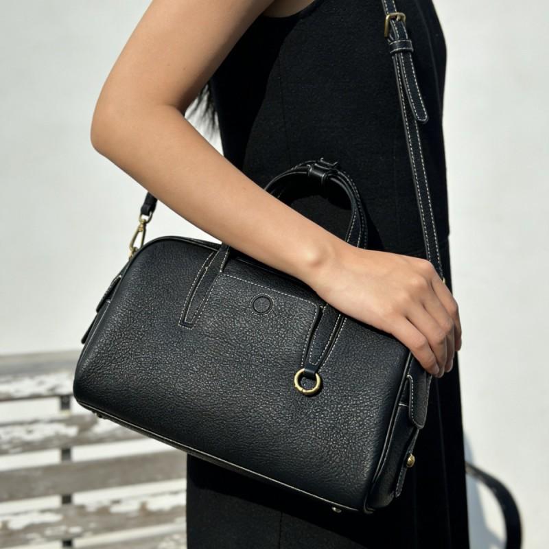 Genuine Leather Bowling Bag Vintage Style Crossbody Tote Women Medium Size Black Gray Dark Brown