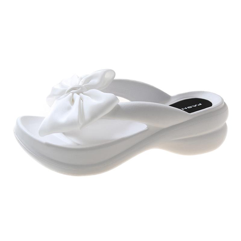 Модные розовые шлепанцы с большим бантом на танкетке для женщин, лето 2024, сандалии на платформе с клипсой, женские, толстая подошва, нескользящие пляжные шлепанцы