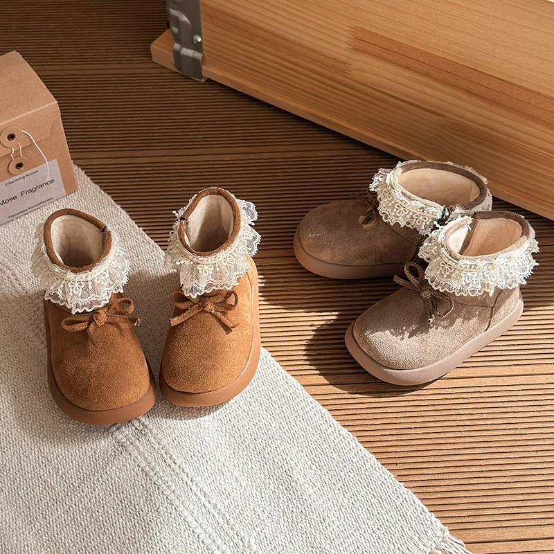 Girls Winter Lace Trim Bow Decorated Faux Leather Ankle Boots With Side Zipper Warm Lining