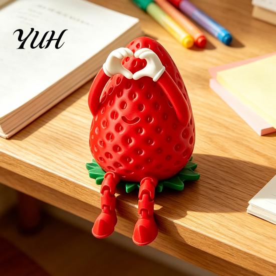 Anthropomorphic Fruit Desk Decor 3D Printed Articulated Strawberry Storage Box, Cute Figurine with Organizer for Students Movable Limbs, Mini Trinket
