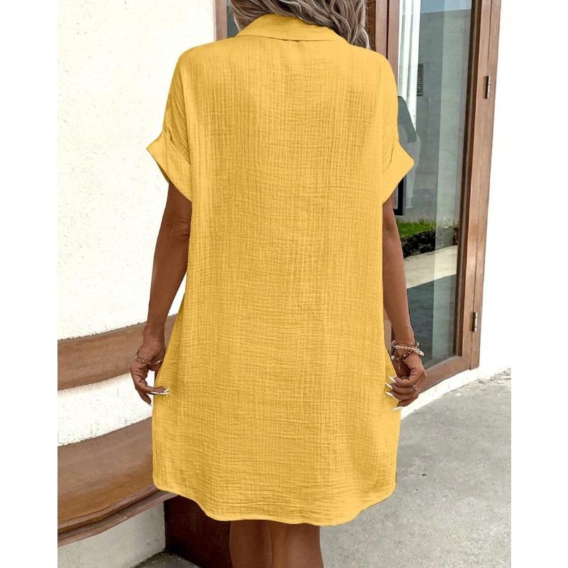 Fashion Short Sleeve Women Summer Shirt Dress New Elegant Lapel Loose Plus Size Simple Button Casual Party Dresses Single Breasted Women's Clothing