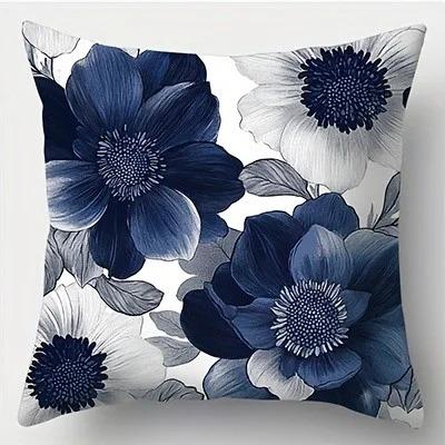 Navy blue peony flower pillowcase elegant peony sea anemone printed polyester sofa cushion retro blue and white flower home de