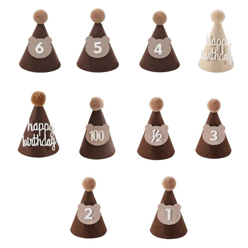 Brown Coffee Bear Baby Birthday Hat Shower Party Decoration Pom Pom Peaked Cap Adjustable Size for 1st 2nd 3rd Years Old