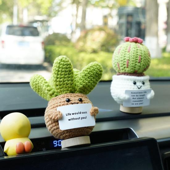 Positive Crochet Ball Cactus with Encouraging Card Emotional Support Handmade Knitting Potted Succulent Doll Toy Decoration Ornament