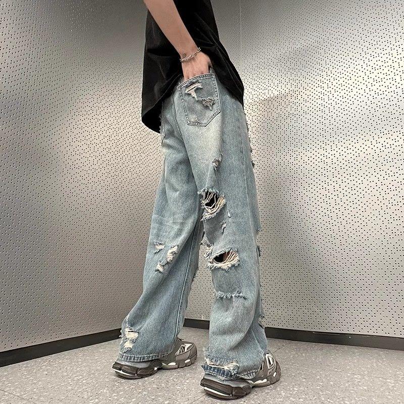 Мужские винтажные прямые джинсы Y2K в американском стиле, свободные рваные джинсы с высокой талией, уличные брюки в стиле хип-хоп