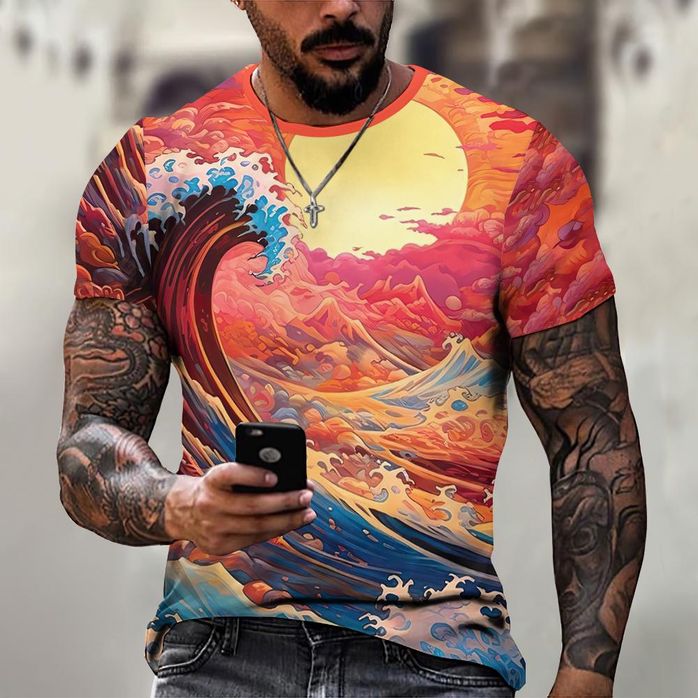 Men's T-Shirt Japanese Style Ukiyo-e Graphic 3D Printed T-Shirt Casual Short Sleeved Tee Outdoor Oversized Men Clothing Tops New