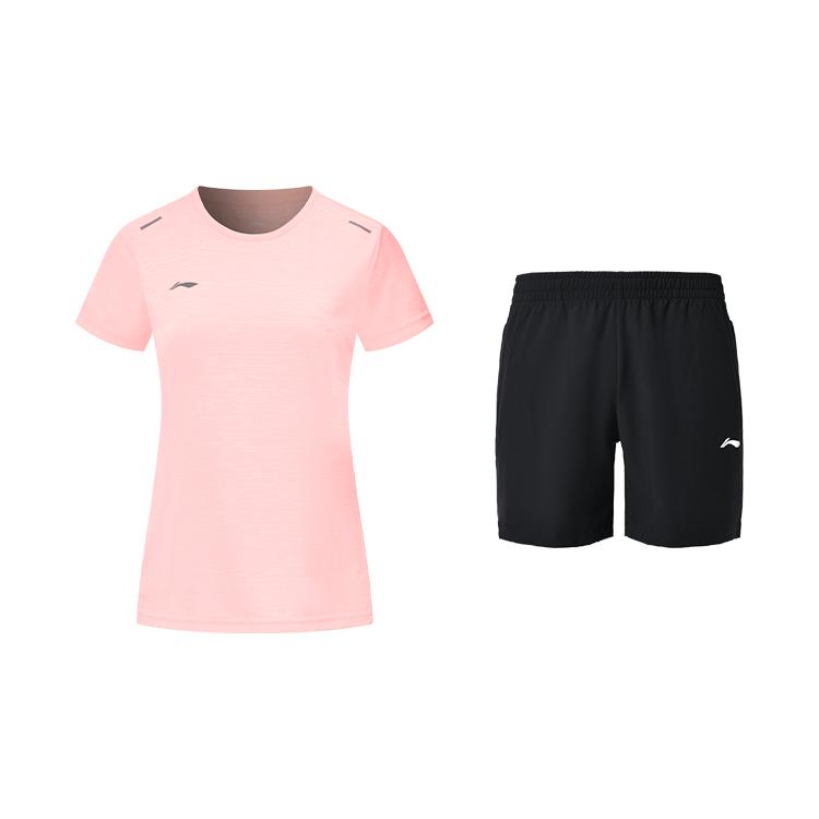 Li-Ning Однотонная дышащая удобная футболка с круглым вырезом и коротким рукавом для бега, спорта, универсальные быстросохнущие шорты, повседневный комплект ATST432-9+AKSUA22-1