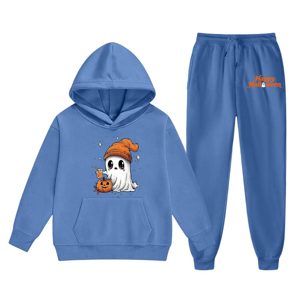 Kids Halloween Hoodie and Sweatpants Set Ghost Pumpkin Print Hooded Sweatshirt and Matching Bottoms Comfortable Fit for Boys and Girls