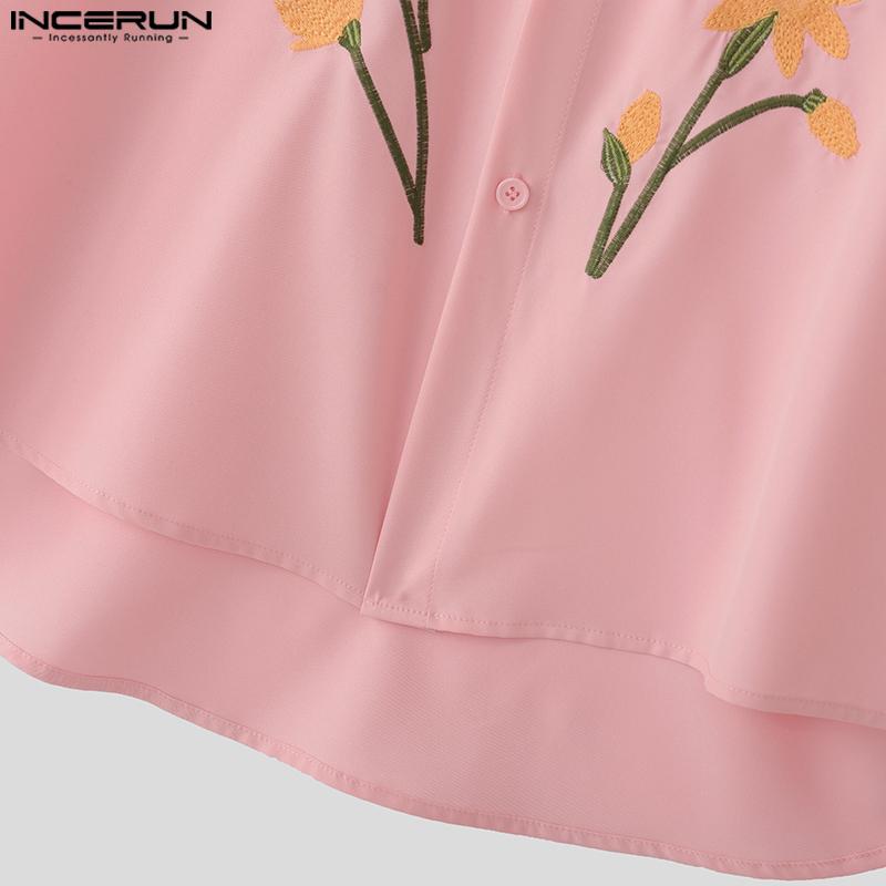 INCERUN Летние мужские рубашки с воротником-лацканом и коротким рукавом с цветочным принтом и пуговицами