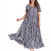 Summer Beach A Line Casual Long Dress Women Short Sleeve Pleated Loose Plus Size Floral Dresses Women Elegant Round Neck Vintage Lady Dress 24896